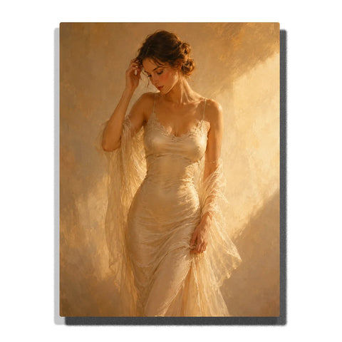Paint by numbers elegant woman in a flowing ivory satin dress with a sheer shawl, illuminated by soft golden light in a warm romantic portrait.