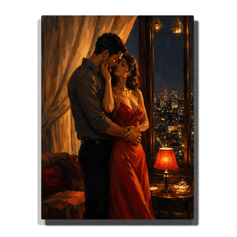 Paint by numbers romantic couple embracing beside a window at night, featuring a woman in a flowing red dress, warm lamplight, and a glowing city skyline.