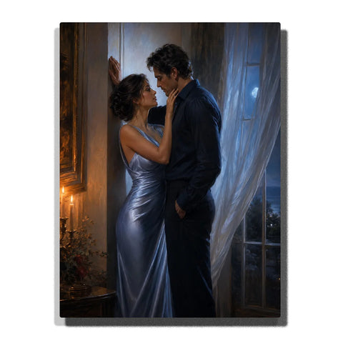 Paint by numbers romantic couple standing close beside a moonlit window, featuring a woman in a silver satin dress, a man in dark clothing, soft candlelight, and an intimate evening atmosphere.