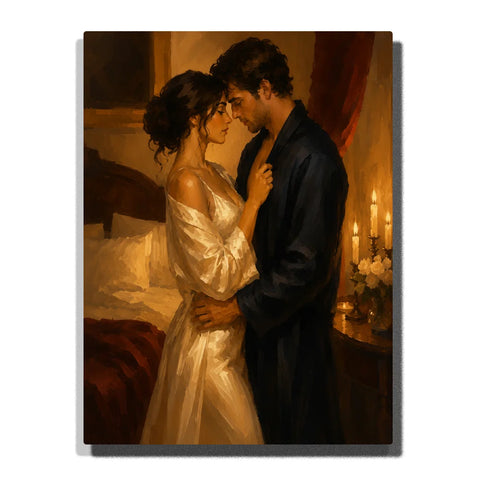 Paint by numbers romantic couple embracing in a candlelit bedroom, featuring a woman in a flowing white dress and a man in dark clothing sharing an intimate moment.