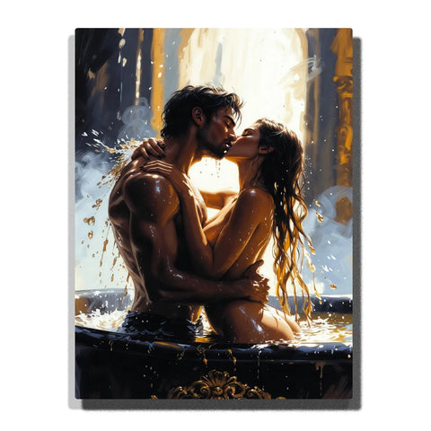 Paint by numbers passionate couple kissing and embracing in a luxurious bath, surrounded by splashing water and dramatic golden light.