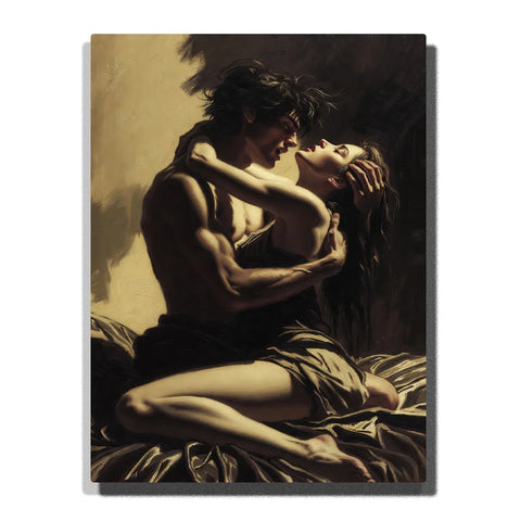 Intimate Lovers Nude Paint by Numbers For Couples featuring romantic couple embracing in dramatic golden light with deep brown shadows and draped fabric