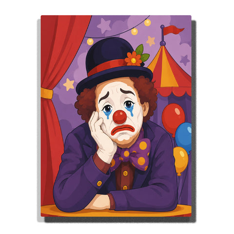 Sad clown portrait with red nose, blue tears, dark top hat, circus lights, red curtain and colorful balloons Paint by Numbers by PaintEasy