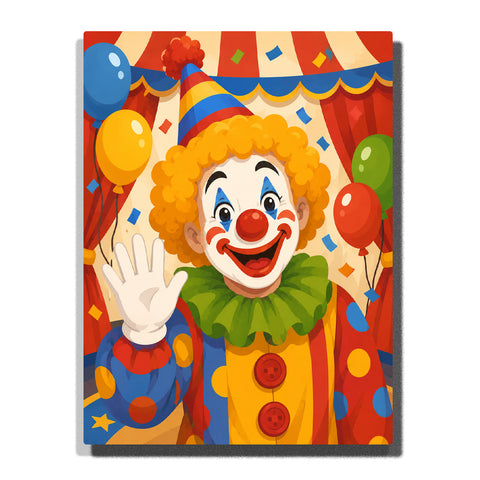 Smiling circus clown waving with colorful party hat, balloons, confetti and red stage curtains Paint by Numbers by PaintEasy