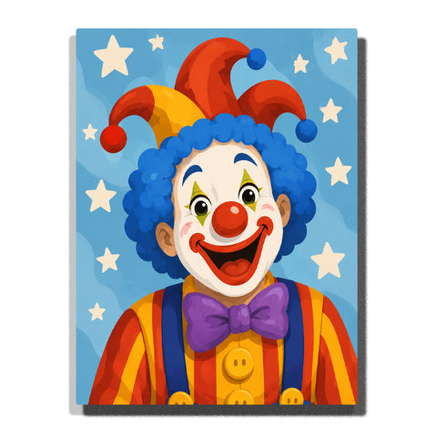 Happy clown portrait with blue curly hair, colorful jester hat, red nose, purple bow tie and starry blue background Paint by Numbers by PaintEasy