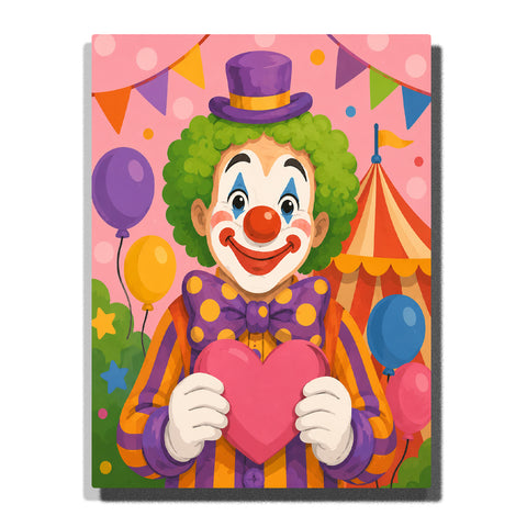 Happy circus clown holding a pink heart with green curly hair, purple top hat, colorful balloons and circus tent Paint by Numbers by PaintEasy