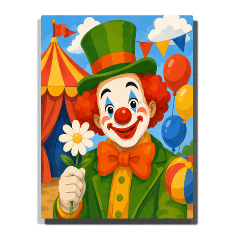 Happy circus clown holding a white flower with green top hat, colorful balloons, festive flags and carnival tent background Paint by Numbers by PaintEasy