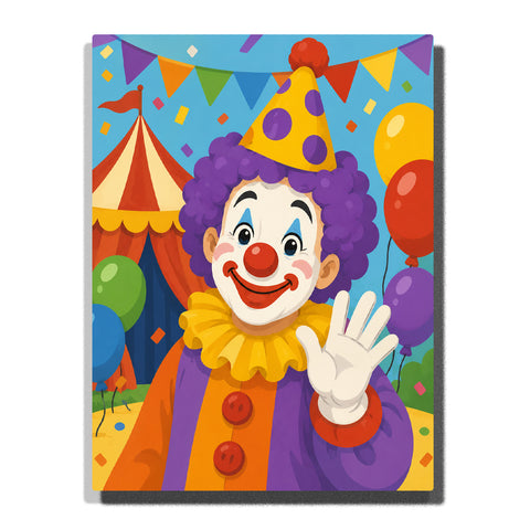 Cheerful circus clown waving with yellow party hat, purple curly hair, colorful balloons, carnival flags and striped circus tent Paint by Numbers by PaintEasy