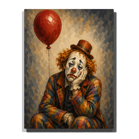 Sad clown portrait with red balloon, vintage circus hat, colorful costume, painted tears and expressive emotional face Paint by Numbers by PaintEasy