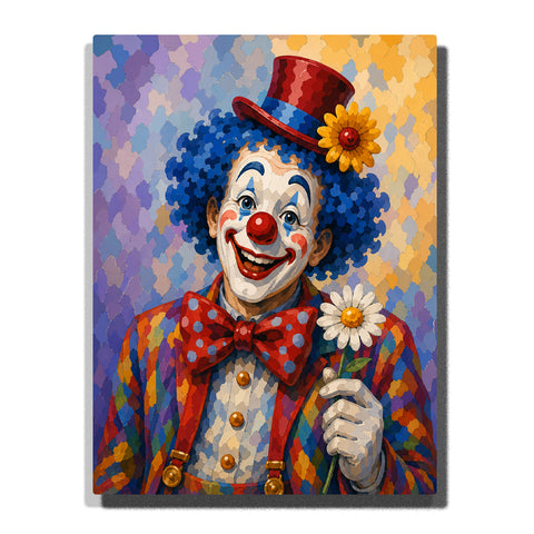 Colorful circus clown portrait with red top hat, sunflower decoration, blue curly hair, red bow tie and white daisy flower Paint by Numbers by PaintEasy