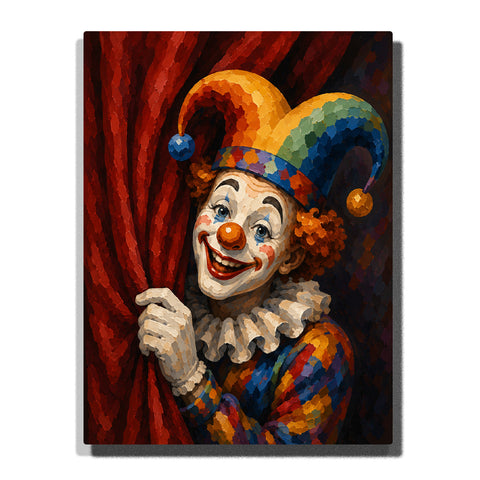 Jester clown peeking behind red theater curtain with colorful hat, ruffled collar, painted face and vibrant circus costume Paint by Numbers by PaintEasy