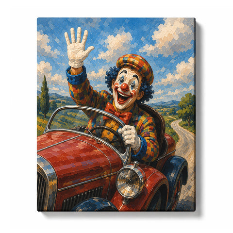 Clown Driving a Vintage Red Car - paint by numbers kit preview