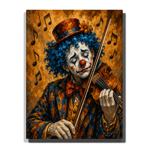 Clown playing violin with blue curly hair, colorful costume, red nose, musical notes and vintage circus portrait style Paint by Numbers by PaintEasy