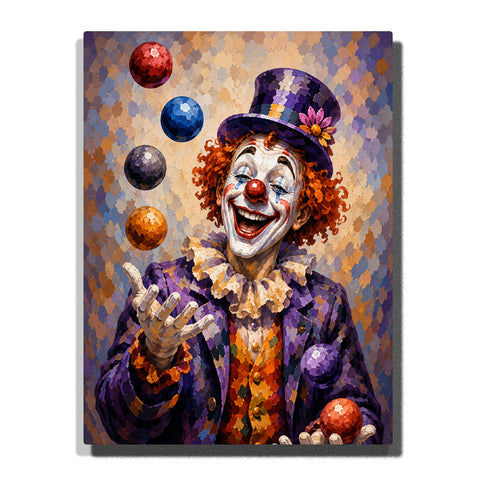 Clown magician portrait with purple top hat, colorful costume, floating magic balls, red nose, curly hair and circus character style Paint by Numbers by PaintEasy