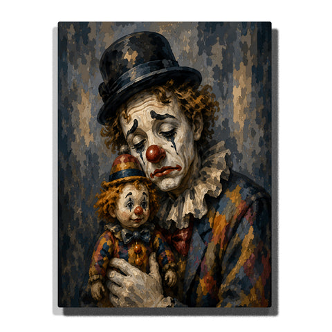 Sad clown holding small doll with black hat, painted face, red nose, colorful circus costume and vintage emotional portrait style Paint by Numbers by PaintEasy