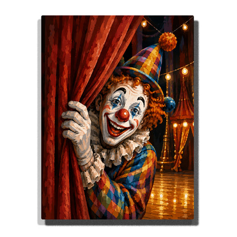 Clown peeking from red circus curtain with colorful costume, pointed hat, stage lights, red nose and theatrical portrait style Paint by Numbers by PaintEasy