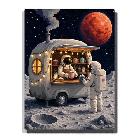 Space Paint by Numbers For Adults featuring two astronauts at a cozy coffee trailer on the moon with glowing string lights, lunar craters, stars and giant red planet