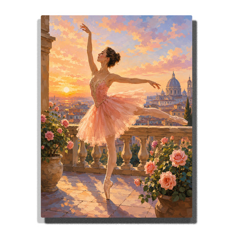 Graceful ballerina dancing on a stone terrace with blooming pink roses, golden sunset sky and historic European city skyline Paint by Numbers by PaintEasy