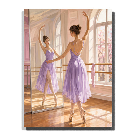 Graceful ballerina practicing in a sunlit dance studio with full-length mirror, lavender ballet dress, wooden floor and arched windows Paint by Numbers by PaintEasy