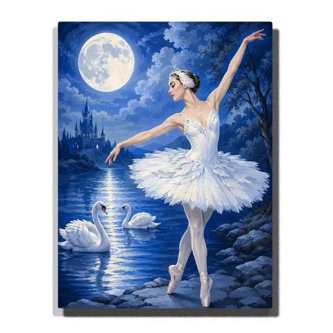 White swan ballerina dancing beneath a full moon beside a lake with graceful swans, fairytale castle and moonlit reflections Paint by Numbers by PaintEasy