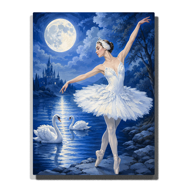 White swan ballerina dancing beneath a full moon beside a lake with graceful swans, fairytale castle and moonlit reflections Paint by Numbers by PaintEasy