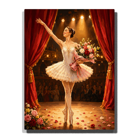 Elegant ballerina taking a final bow on a theater stage with flower bouquet, red velvet curtains, golden spotlights and applauding audience Paint by Numbers by PaintEasy