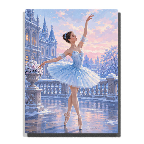 Winter ballerina dancing in snowy palace garden with blue tutu, elegant architecture, frozen trees and pastel winter sky Paint by Numbers by PaintEasy