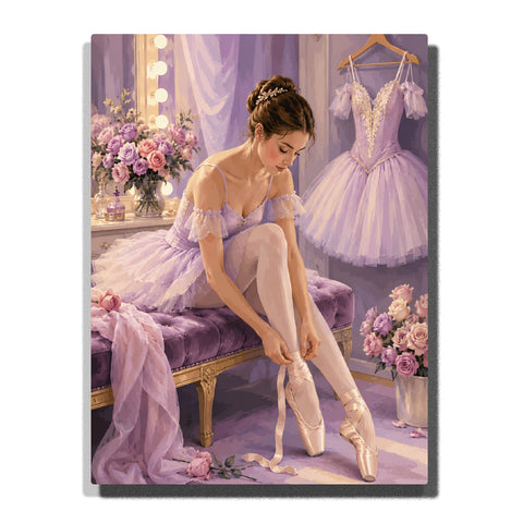 Ballerina preparing pointe shoes in an elegant lavender dressing room with ballet dress, velvet bench, roses and soft lighting Paint by Numbers by PaintEasy