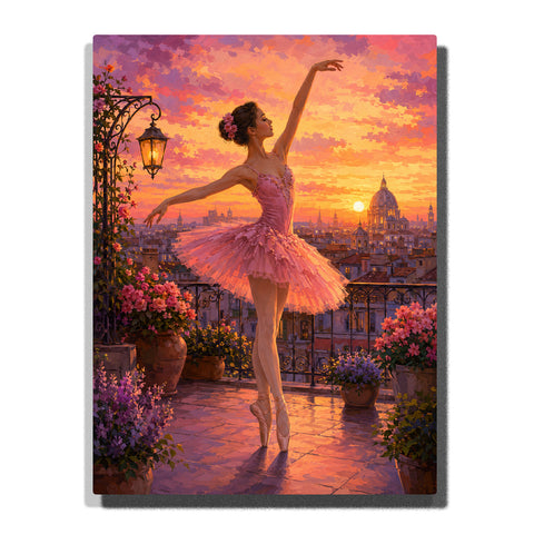 Ballerina dancing on a Paris terrace at sunset with pink ballet dress, blooming flowers, city skyline, lantern light and romantic sky Paint by Numbers by PaintEasy