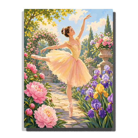 Ballerina dancing in flower garden with pink peonies, purple irises, pastel dress, stone pathway and blooming floral scenery Paint by Numbers by PaintEasy