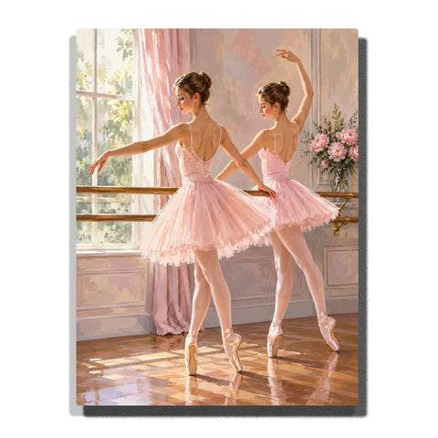 Two ballerinas practicing ballet in a sunlit dance studio with pink dresses, ballet barre, large windows and polished wooden floor Paint by Numbers by PaintEasy