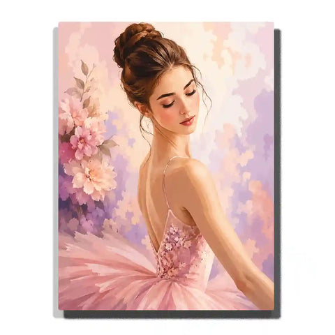 Elegant Ballerina Portrait with Pink Tulle Dress and Floral Background Paint by Numbers Kit F…
