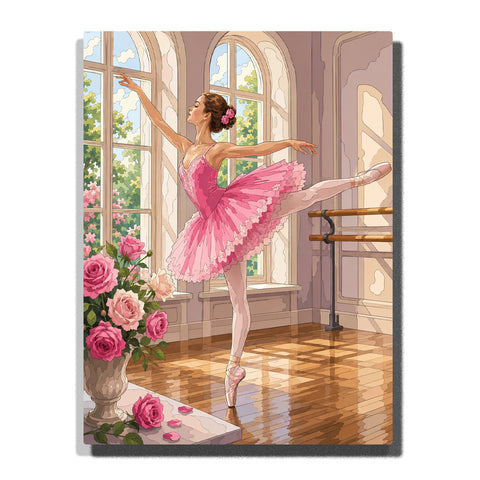 Ballerina dancing in pink tutu inside elegant ballet studio with roses, arched windows, wooden floor and graceful pose Paint by Numbers by PaintEasy