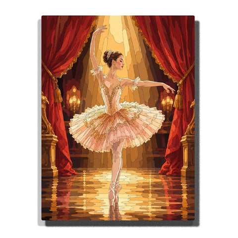 Ballerina performing on theater stage with white tutu, red velvet curtains, golden spotlight, ballet pose and elegant performance setting Paint by Numbers by PaintEasy
