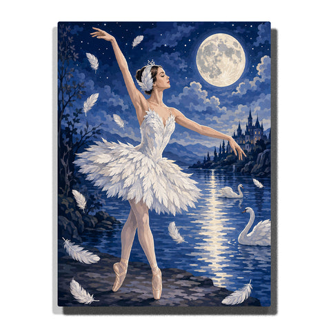 Ballerina dancing under full moon with white feather tutu, swans, lake reflections, floating feathers and fantasy night landscape Paint by Numbers by PaintEasy
