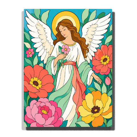 Angel holding pink flower Paint by Numbers For Beginners with golden halo, large white wings, flowing robe and colorful red pink yellow garden flowers