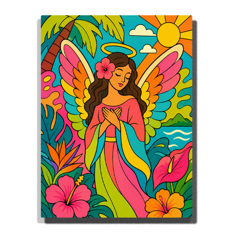 Tropical Angel Paint by Numbers For Beginners featuring colorful rainbow wings, golden halo, hibiscus flowers, palm trees, sunshine and ocean scenery