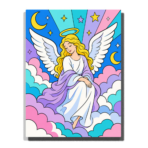 Angel with White Wings and Golden Halo Paint by Numbers For Beginners featuring golden hair, lavender robe, colorful clouds, crescent moons and stars