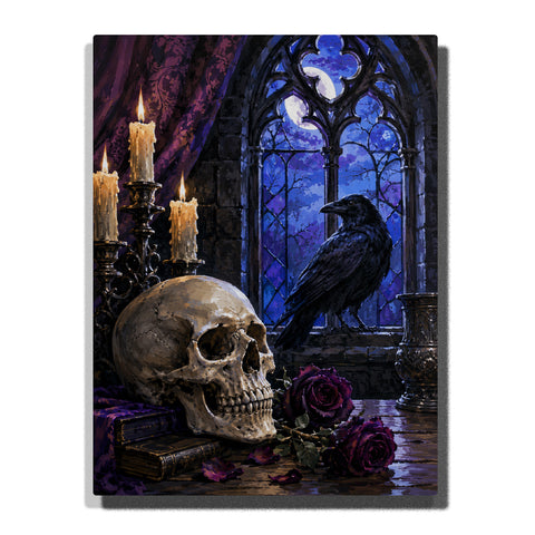 Ivory skull, black raven and purple roses beside burning candles and a blue moonlit Gothic window