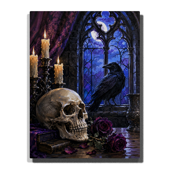 Ivory skull, black raven and purple roses beside burning candles and a blue moonlit Gothic window