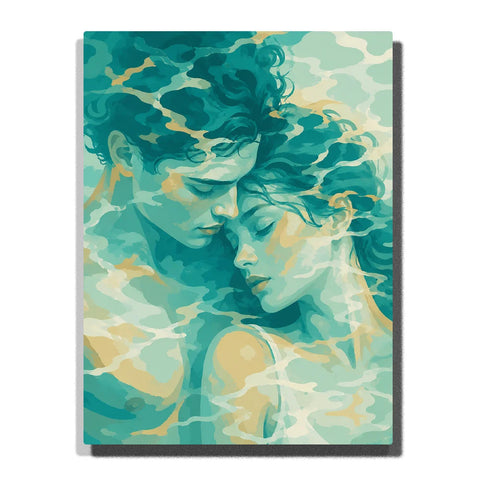 Underwater Lovers Paint by Numbers For Couples featuring intimate couple with closed eyes, flowing dark hair, turquoise water reflections and soft golden highlights