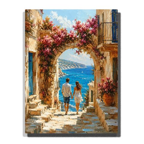 Romantic Couple Paint by Numbers For Couples featuring lovers holding hands beneath pink bougainvillea stone arch overlooking turquoise Mediterranean sea