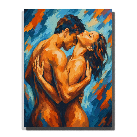 Passionate Couple Embrace Nude Paint by Numbers featuring two figures holding each other with warm orange skin tones and expressive blue abstract brushstrokes
