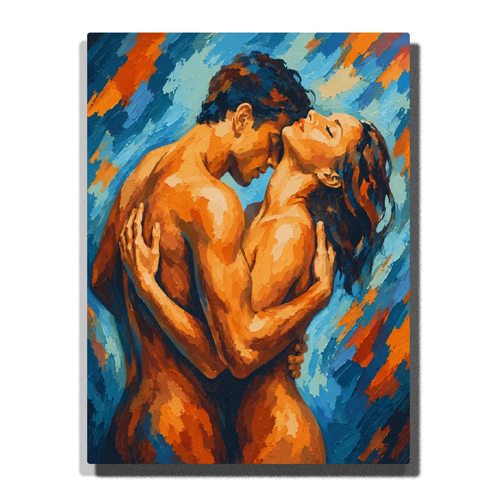 Passionate Couple Embrace Nude Paint by Numbers featuring two figures holding each other with warm orange skin tones and expressive blue abstract brushstrokes