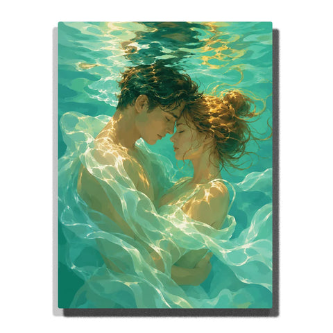 Underwater Embrace Paint by Numbers For Couples featuring romantic couple touching foreheads beneath turquoise water with flowing currents and golden sunlight reflections