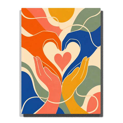 Family Paint by Numbers for Beginners featuring four colorful hands forming and supporting a heart with orange blue coral yellow and sage flowing shapes