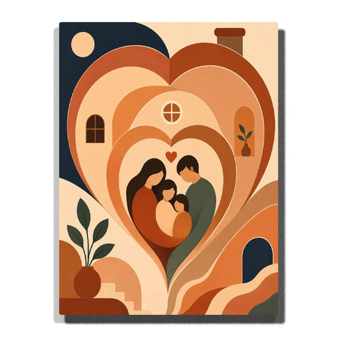 Family Paint by Numbers For Beginners featuring parents and two children embracing inside layered heart shapes with warm terracotta abstract home design