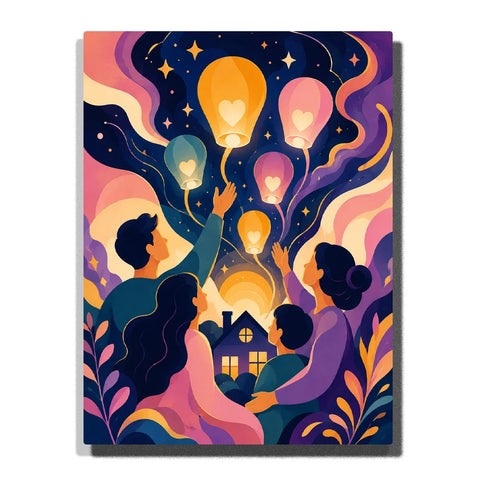 Family Paint by Numbers For Adults featuring parents and two children releasing colorful heart lanterns into a starry night sky above a glowing family home