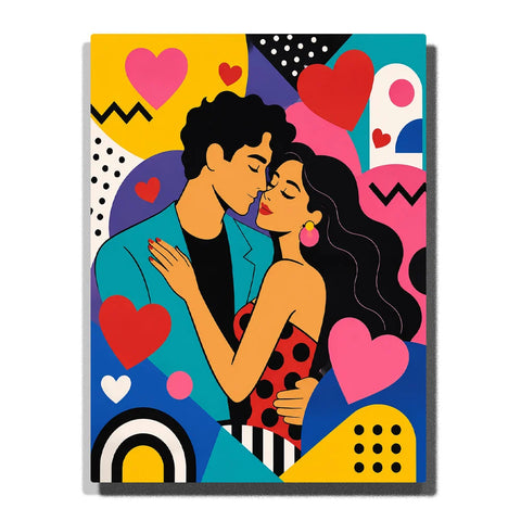 Anniversary Paint by Numbers Gift For Couples featuring romantic couple embracing among colorful red and pink hearts, geometric patterns and vibrant retro shapes