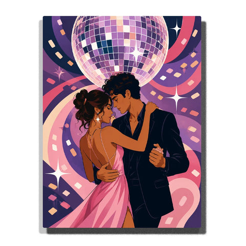 Anniversary Paint by Numbers Gift For Couples featuring romantic couple dancing beneath a giant disco ball with pink dress, navy suit, sparkling stars and purple patterns